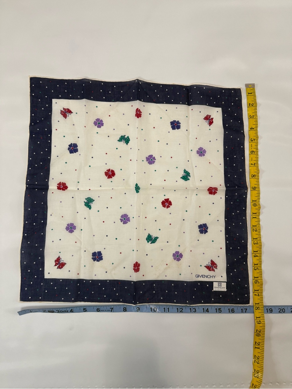 Givenchy Navy & White Floral pocket square/scarf -new with imperfections 18x18